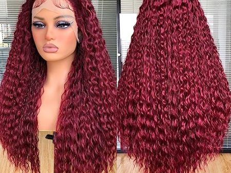 Annivia 26Inch Deep Wave Lace Front Wigs,Burgundy Long Curly Lace Front Wigs for Black Women,HD Glueless Lace Wigs Pre Plucked,Afro Kinky Curly Synthetic Lace Frontal Wig For Discount