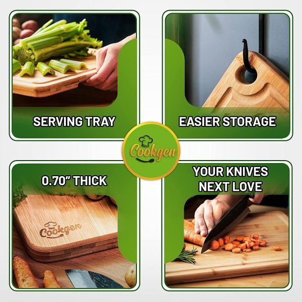 Bamboo Cutting Board Set of 3, Wood Cutting Boards in Large, Medium & Small Size, Organic Wooden Cutting Boards for Kitchen, Vegetable & Meat Cutting Board, Cutting Board with Juice Groove & Handles For Discount